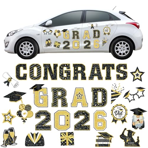 Image of Landhoow 30 Pcs Graduation Car Magnets 2026 Senior Graduation Car Decoration Bumper Sticker Congrats Grad Magnet Magnetic Refrigerator Decal for Grad Parade Party Supplies(Black, Gold)