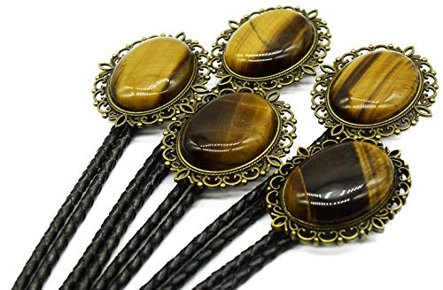 Image of Moranse Bolo Tie with Natural Tiger Eye Stone Celtic Style Genuine and Cowhide Rope
