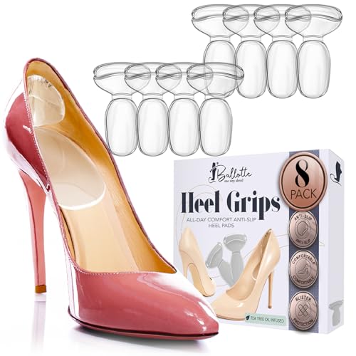 Ballotte Premium Silicone Heel Pads for Shoes. Soft Heel Grips or Inserts for Big Shoes, Alleviates Slipping & Discomfort, Comfortable Cushioning for High Heels, 8-Pack (Natural)