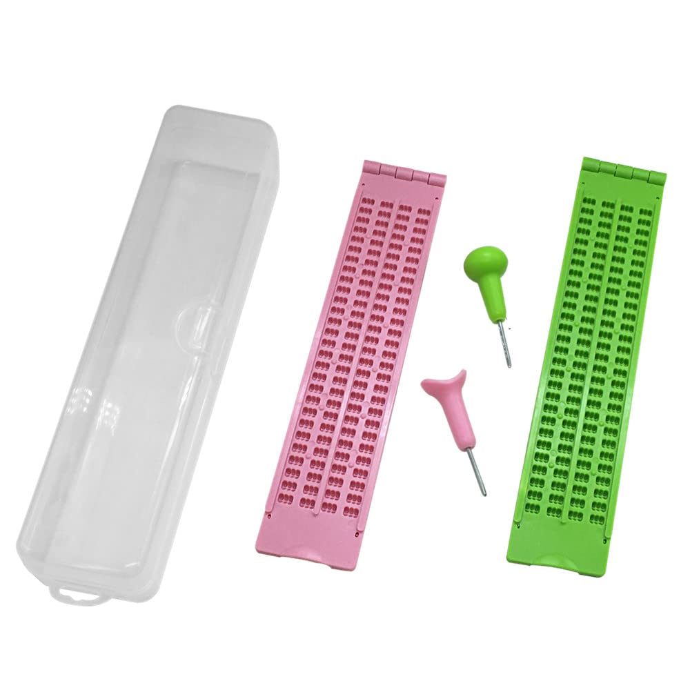 4 Lines 28 Cells Braille Writing Slate with 2 pcs Styluses, Braille Slate Kit with Plastic Box ? 2 Sets) (Pink + Green)