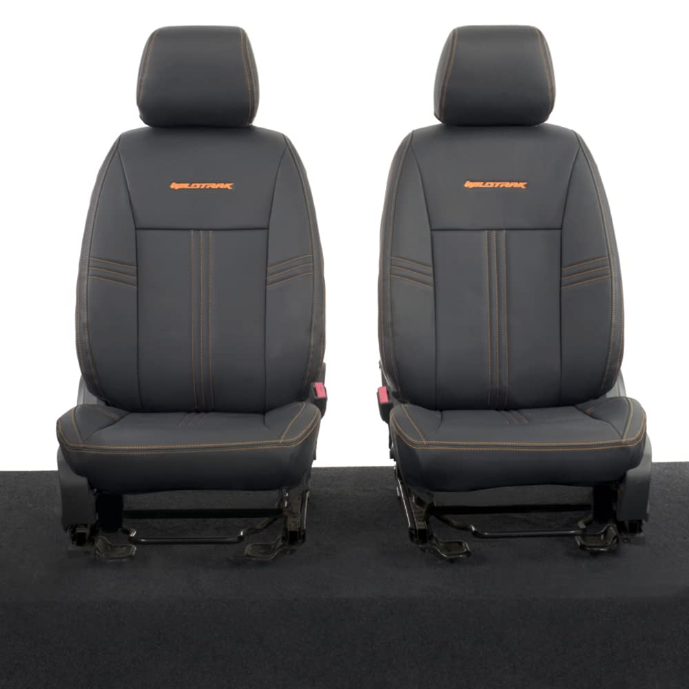 UK Custom Covers SC848B Tailored Plain Block Leatherette (Orange Stitch) Front Seat Covers & 'Wildtrak' Embroidery Black - To Fit Ford Ranger T6 T8 Wildtrak 2016-2023