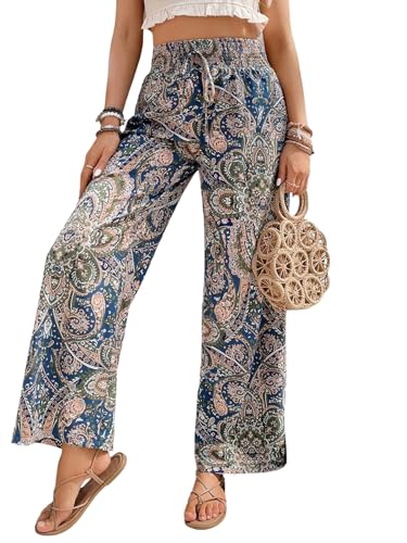 SweatyRocks Damen Hose Weites Bein Sommerhosen Hohe Taille Freizeithose Boho Paisleymuster Lange Hosen Lockere Joggingho...