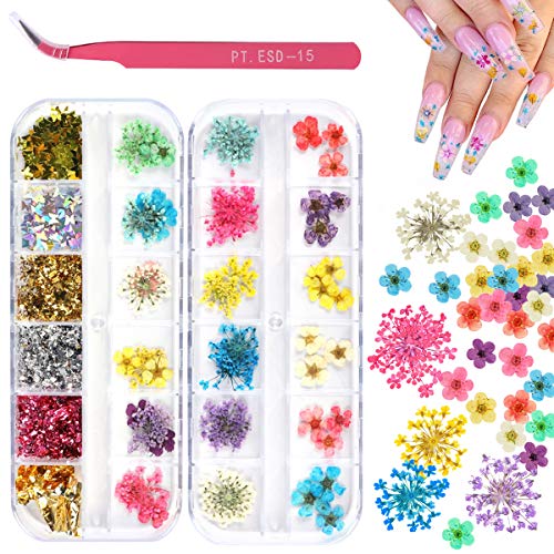 2 Boxes Dried Flowers Sequins for Nail Art, KISSBUTY 24 Colors Dry Flowers Mini Real Natural Flowers Holographic Nail Art Sequins Butterfly Nail Sequins Nail Foils Applique (Mixed Colors 3)
