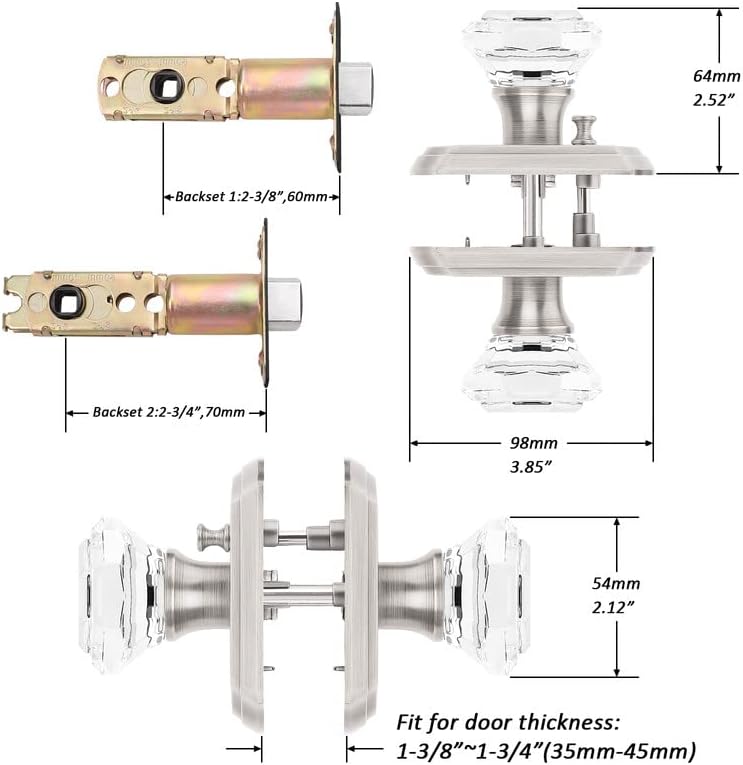 Orger Octagonal Crystal Door Knobs 3 Pack, Interior Privacy Door Handle for Bed/Bathroom with Pin Lock Inside, Satin Nickel Vintage Rosette Door Knob with Heavy Duty Genuine Glass