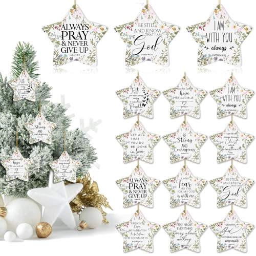 Poen 12 Pcs Christian Easter Ornaments for Tree Ceramic Bible Verse Ornaments Bulk Mothers Day Church Gifts Star Wildflower Inspirational Quotes Scripture Religious Hanging Signs Home Decor