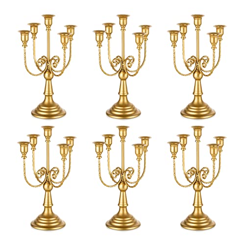 Romadedi Candelabra Gold Candle Holders - 5 Arm 11.8 Wedding Candlestick Holder for Theme Party Table Centerpiece Decor Dining Room Birthday Holiday Christmas Set of 6