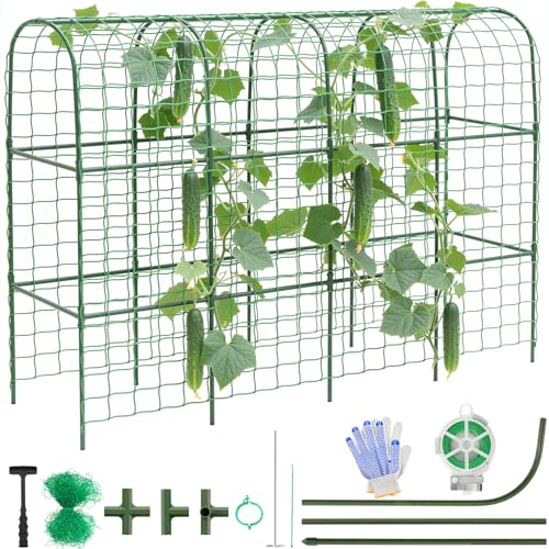 Housolution Trepador para Cosechas en Cama Elevada,67'×48' Arco en Forma de U para Plantas Trepadoras al Aire Libre con Red 2×3m, Ideal para Tomates,Calabacines,Guisantes,Frijoles, Uvas y Flores,Verde