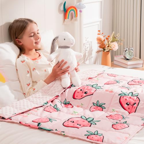 Image of Uttermara Weighted Blanket 3lbs, Cozy Minky Weighted Blankets with Cartoon Patterns, Reversible Washable Heavy Blanket Great for Sleeping, 36x48 inches, Pink Strawberry