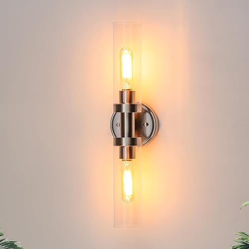 WILON Luces de tocador de níquel cepillado, lámpara de tocador de baño de 2 luces con pantallas de vidrio transparente, apliques modernos con base