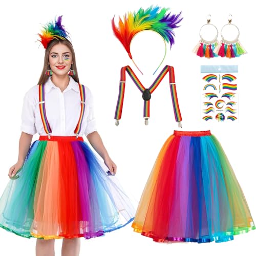 PASLFC Regenbogen Kostüm,Regenbogen Rock Damen Tüll,Regenbogen tüllrock damen,mit feder haarreif bunt,Regenbogen Tattoos,Tütü mit Hosenträger...