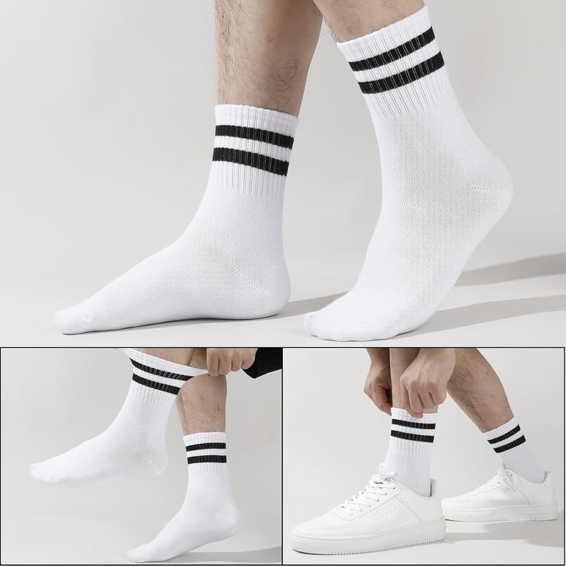 Yanwenx 6 Pairs Men Socks, Breathable Striped Crew Socks Athletic Sports Casual Socks, Cotton Liners Socks Multipack For Men And Women_White 3