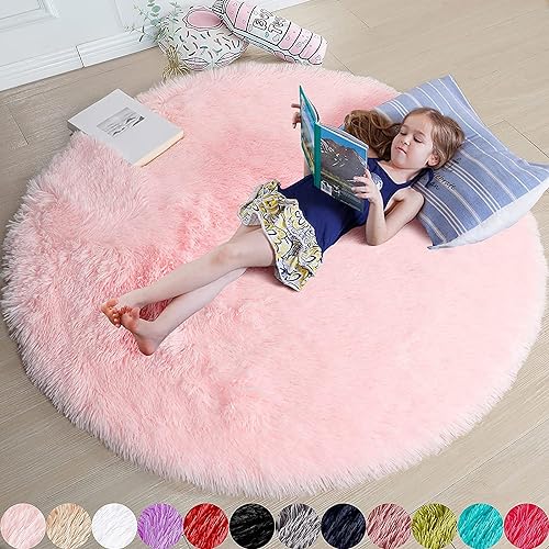 Shaggy Hochflor Teppich Rund für Kinderzimmer Wohnzimmer Schlafzimmer Langflor Teppich Hochwertig Hohe Pflegeleicht Fadendichte Flauschiger kinderteppich Bodenmatte für Mädchen(Rosa, 122cm)