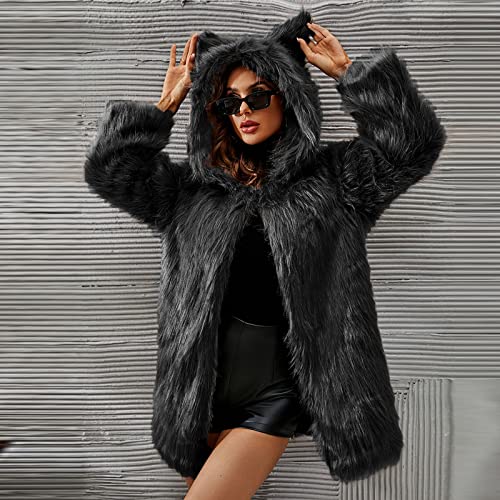 Fluffy Coat for Women Luxury Faux Fur Cute Cat Ear Hooded Jackets Open Front Long Sleeve Shaggy Winter Outerwear3