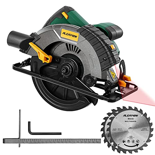 ALEAPOW Scie Circulaire, 1650W 5500tr/min Scie Circulaire Filaire avec Laser, Profondeur de Coupe Réglable: 62mm (90°); 46mm(45°), avec 2 Lames de Scie (24T/40T), Moteur en Cuivre