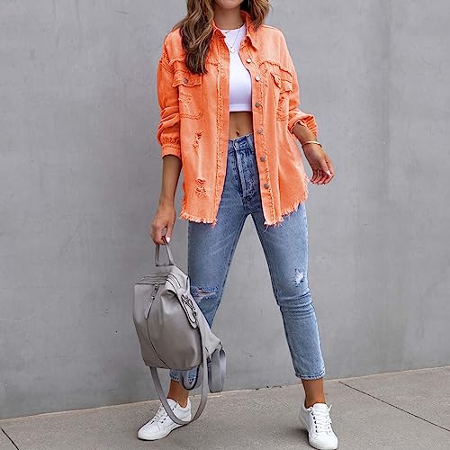 Women's Button Down Oversized Denim Jackets Ripped Frayed Shacket Jean Coat Distressed Shirts with Pockets2