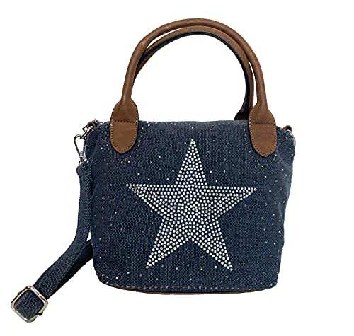 STERN Strass Glitzer Small Star Damen kleine Tasche Canvas Stoff Fashion Henkeltasche Schultertasche Stofftasche Mini Mädchen (Dunkelblau)