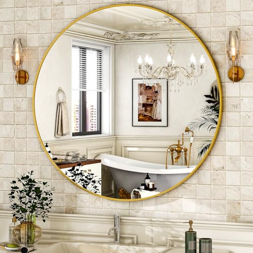 Image of HARRITPURE Round Mirror 36 Gold Wall Mounted Circle Mirrors Vanity Mirror with Brushed Aluminum Alloy Frame Modern Decoration for Bathroom, Living Room, Vanity, Bedroom, Entryway