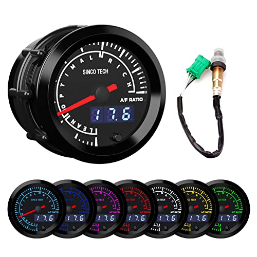 SINCO TECH 52mm Afr Gauge Car Meter Digital Display Pointer 7 Colors Backlight 12V Universal with Narrow Oxygen Kit (A/F Meter)
