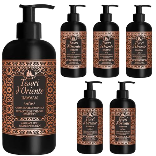 TESORI D'ORIENTE Cremeseife 'Hammam' 6 x 300 ml Flüssigseife Handseife Spender Argan-Öl und Orangenblüte aromatische Handseife, Wellness-Rituale für Körper & Sinne
