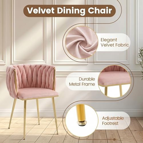 Image of Golden Glass Dining Table Set for 4 with 47.2 inch Rectangular Tempered Glass, 5 Pieces Kitchen Table Set with 4 Comfortable Velvet Chairs for Living Room, Apartments Small Place, Cafe (Pink Chairs)