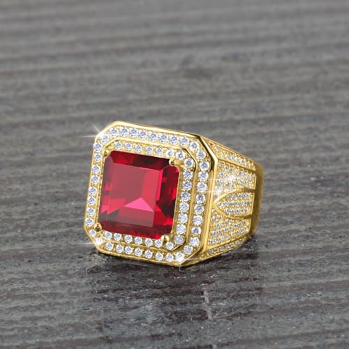 10K/14K/18K Solid Gold Garnet Men's Rings Yellow Gold Man Square 2CT Red Garnet Chunky Signet Luxury Anniversary Rings Engagement Ring Band for Men Him Size 4-162