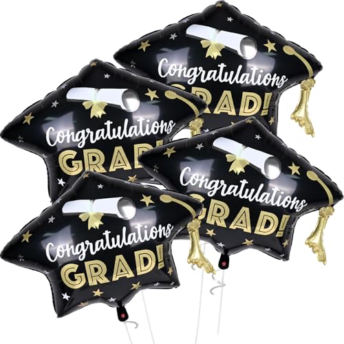 Image of Graduation Cap Balloons, Graduation Decorations 2026, 4 Pcs Black Gold 2026 Congrats Grad Hat Balloon Foil Mylar Balloon for High School College Class of 2026 Congratulations Graduate Party Decoration