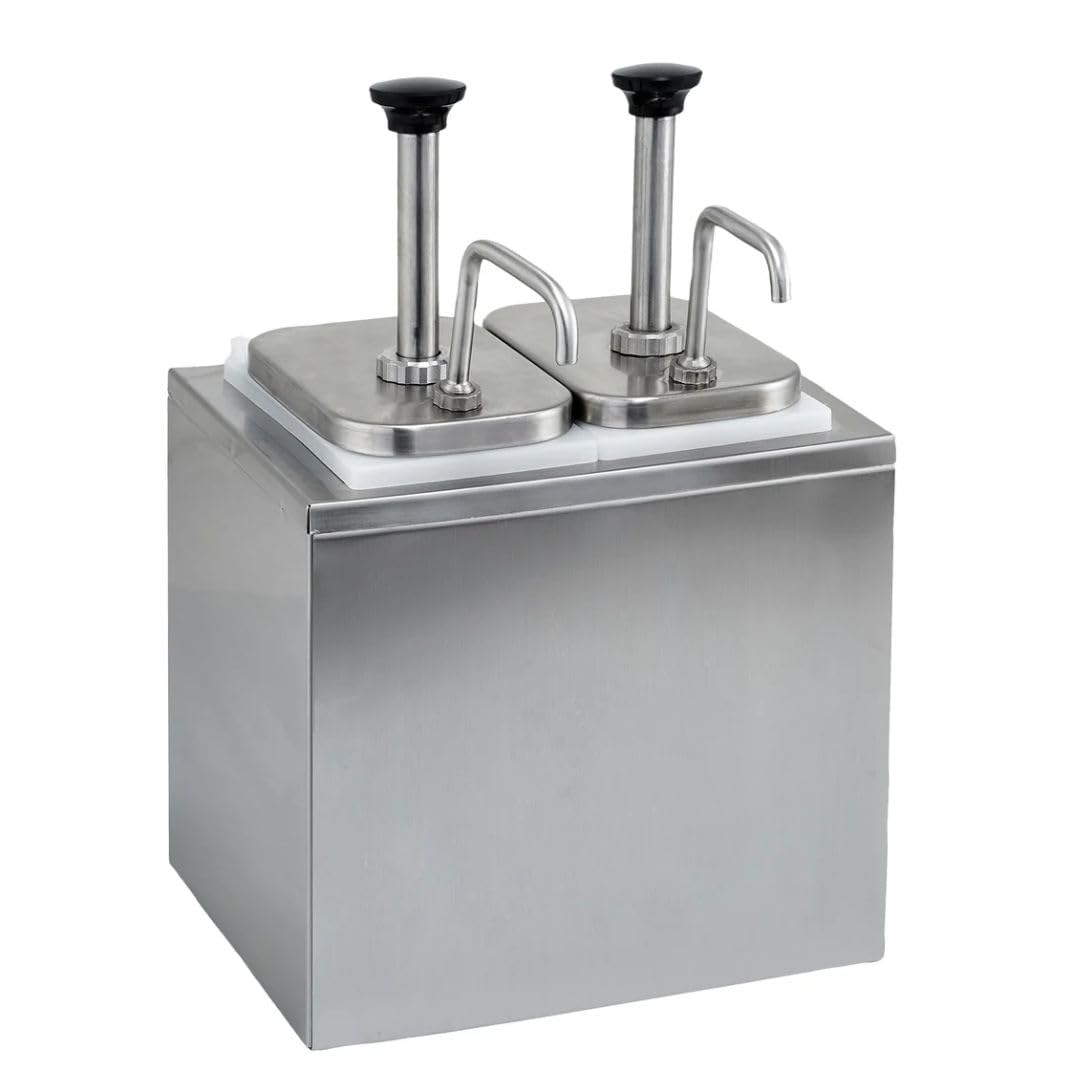 Soro Essentials- 7 Qt. Stainless Steel Dual Condiment Dispenser 3.5 qt. Jar with 1 oz. to 1.25 oz. Pump - Sauce Dispenser Dual Chamber Condiment Pump Station for Ketchup Syrup Dressing BBQ Sauce