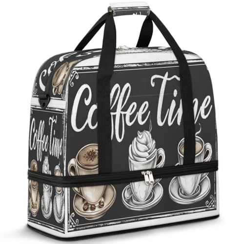 Travel Duffel Bags Coffee Time Foldable Weekender Bags for Women with Shoes Compartment Waterproof & Tear Resistant Carry on Overnight Luggage Duffel Bag Shoulder Sports Tote Bag,B-1011