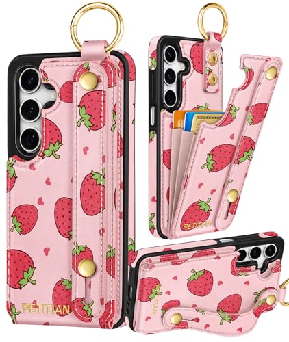 Petitian for Samsung Galaxy A15 5G Case with Wallet - Women Girls Cute Girly Aesthetic Unique Design Leather Credit Card Holder Cardholder Stand Wristband for Galaxy A15 5G, Strawberry
