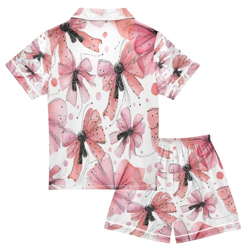 Satin Pajama Sets Short Sleeve Pink Butterflies Bows Kawaii Button Down Silky Nightwear 2 Piece PJS 5-14Y2