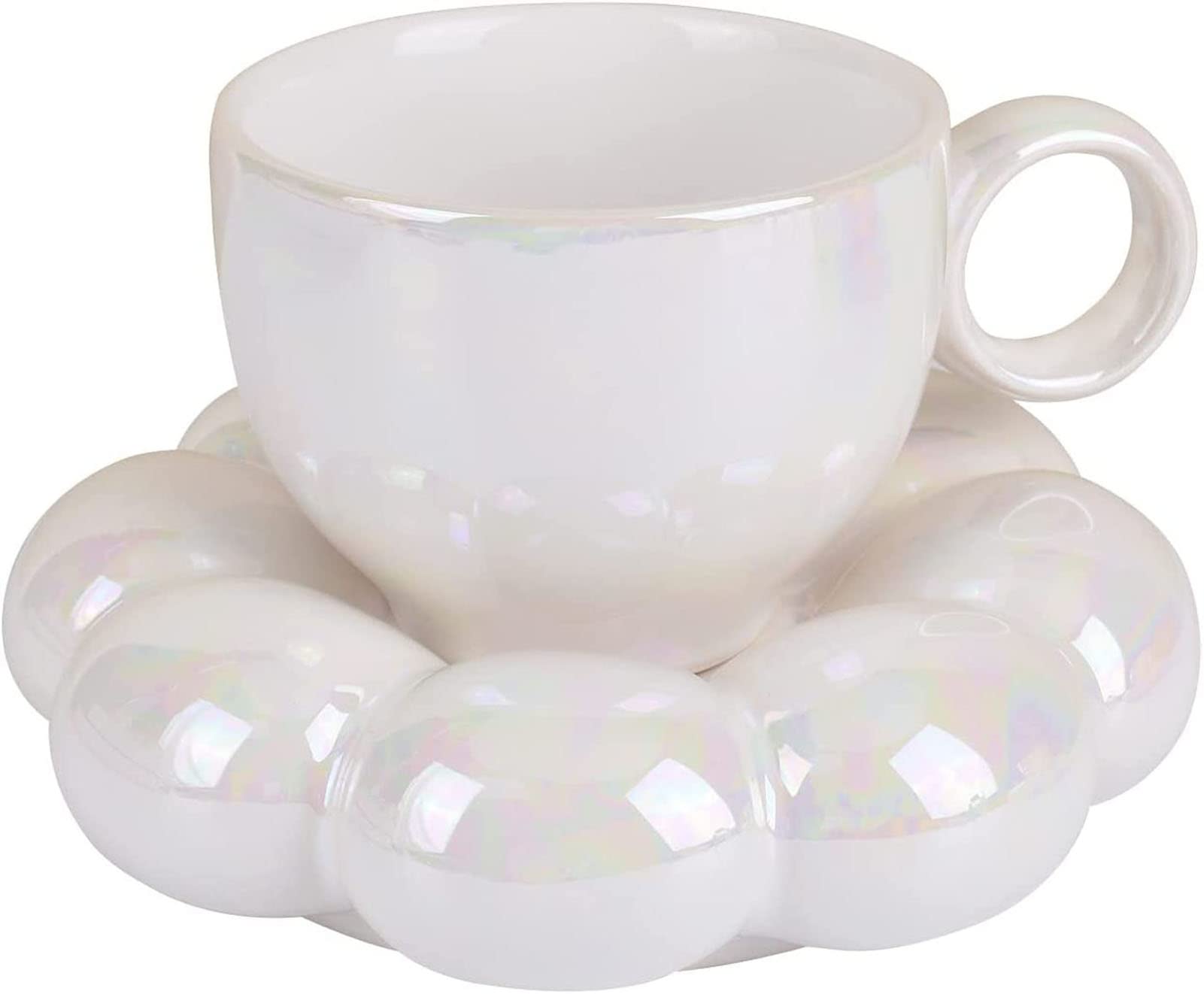 EplzeCreative Ceramic Coffee Mug with Sunflower Shaped Saucer, 6.8oz Tea Cup for Morning Coffee Afternoon Tea- Pearl White