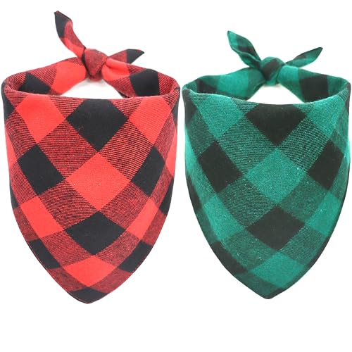 Realeaf Christmas Dog Bandanas 2 Pack, Reversible Red Green Buffalo Plaid Dog Scarf for Boy and Girl, Premium Durable Fabric, Check Bandana for Small Medium Large and Extra Large Dogs (Large)