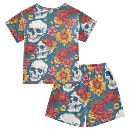 ALAZA Skull Colorful Flowers Pajama Set Short Sleeve Sleepwear Soft Lounge Nightwear2