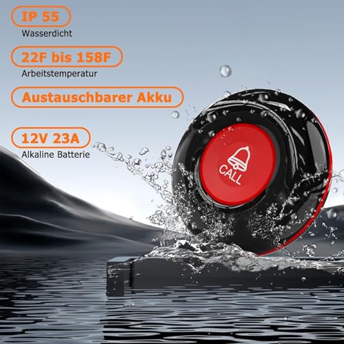 CalltoU Notrufknopf für Senioren,Senioren Notruf mit 5 Lautstärkestufen,hausnotruf mit 55 Klingeltöne, IP55 Wasserdicht SOS notfallknopf 150M/500Ft Reichweite(1 Sender 1 Empfänger) – Bild 5