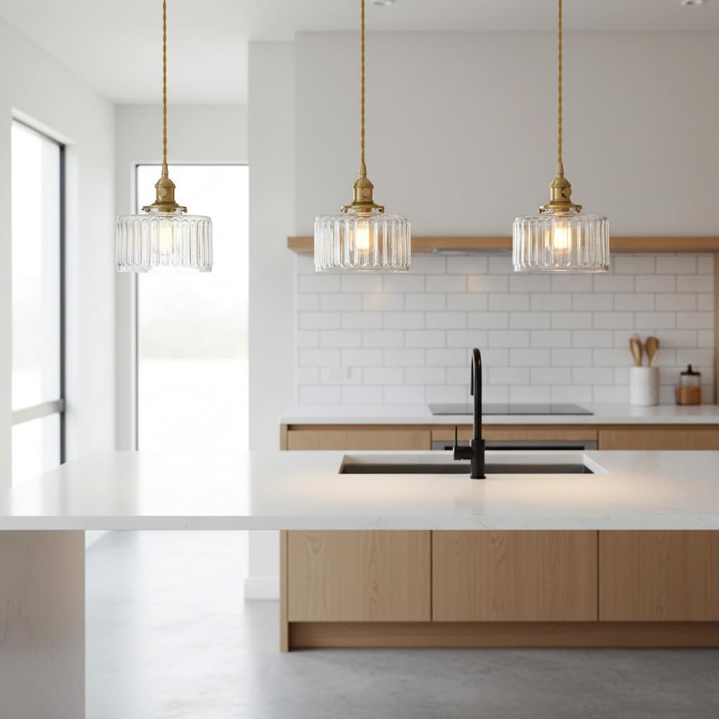 Luminaire Suspension Industriel Vintage en Verre Clair, Douille E27 en Laiton avec Interrupteur, Lampe Suspendu Réglable en Hauteur, Lustre pour Cuisine, Chambre, Salle à Mange