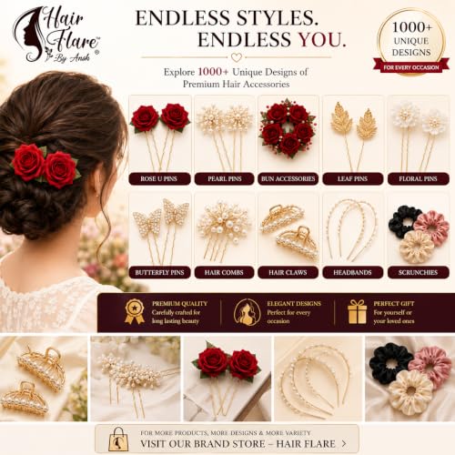 Image of Hair Flare Artificial Plastic & Metal Rose Flower with An Abundance of Petals Design Hairpin /Hair Clip /Judabun | Bridal Hair Accessories, Wedding, Festival for Women & Girls - 2700, Set of 2