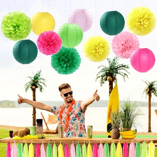 Image of Hawaiian-Summer Pool Party-Decorations Paper-Flowers Lanterns - 15pcs Luau Tropical Beach Tissue Pom Poms Streamers,Birthday Bachelorette Wedding Baby Shower Graduation Hanging Supplies Decor Hugfond