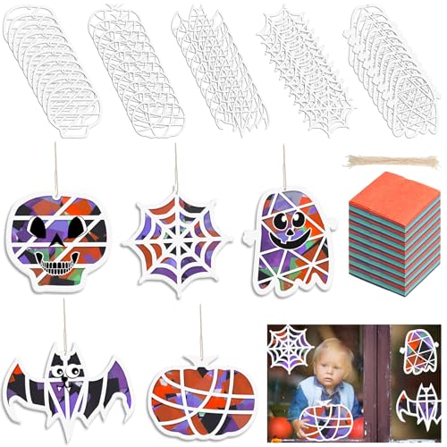 Tenceur 100 Pcs Halloween Window Paper Suncatcher Crafts for Kids 100 White Card 495 Colored Tissue Paper 50 Rope for Kids Sunday School Crafts Halloween Theme Parties Decors Classroom Window Art