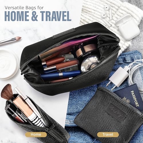 Kat Myhr Neoprene Washable Travel Makeup & Cosmetic Bag Set, 2 Air Mesh Pouches,100% Neoprene Toiletry Bag, Large Water Resistant Travel Bag for Toiletries, Makeup Cosmetic Travel Bag (Jet Black)2