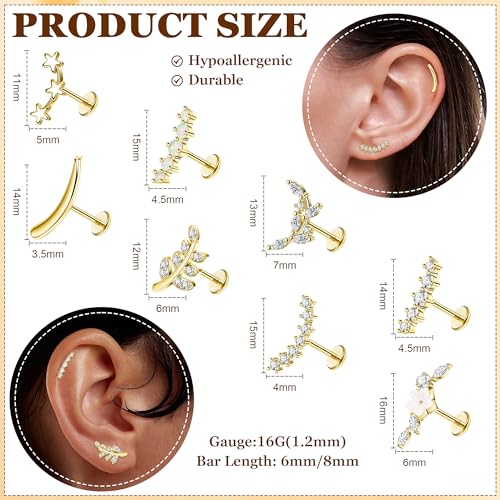 8PCS 16G 14K Gold Threadless Cartilage Stud Earrings for Women 316L Stainless Steel Push in Earrings CZ Helix Flat Back Stud Earrings Hypoallergenic Flower Star Leaf Conch Earrings 6/8mm2