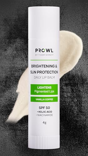Image of PROWL by Tiger Shroff SPF 50 PA+++ Lip Balm For Men with Kojic Acid | Lipbalm For Moisturising Brightening Dark Lips & Lightening Pigmented Dry Lips | Pigmentation Removal Care | Vanilla Coffee, 4g