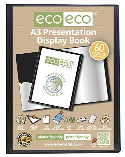 eco-eco Präsentationsmappen, A3, 50 % recycelt, 60 Taschen, Schwarz, 12 Stück