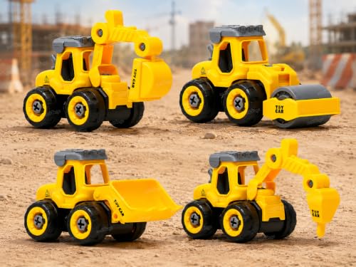 Image of Zest 4 Toyz Construction Vehicle Toy Set for Kids | 4 Pcs Engineering Truck Toys Excavator Bulldozer Road Roller Loader STEM Educational Toy Push and Go Construction Toys for Boys Girls