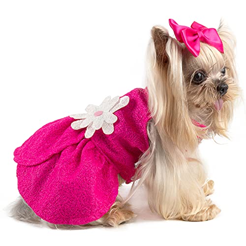 CuteBone Summer Dog Dress with Harness D-Ring for Small Dogs Wedding Cat Clothes Girl Puppy Outfit Pink Shirt Flower Costume with Bow Hair Rope DW02S