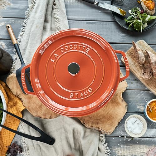 Image of Staub Cast Iron Round Cocotte, Dutch Oven, 5.5-quart, serves 5-6, Made in France, Burnt Orange