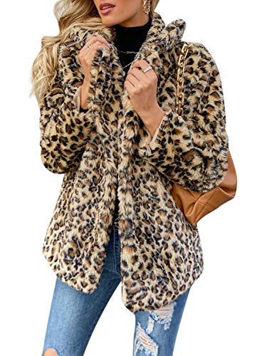 Glamaker Women's Leopard Long Sleeve Fuzzy Faux Fur Coat Lapel Open Front Shearling Oversized Jacket with Pockets Brown Medium