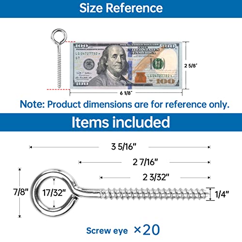 Muzata MZZ382 20Pack 3.3Inch M6 Screw Eye Hooks Stainless Steel Heavy Duty Screw thumb #1