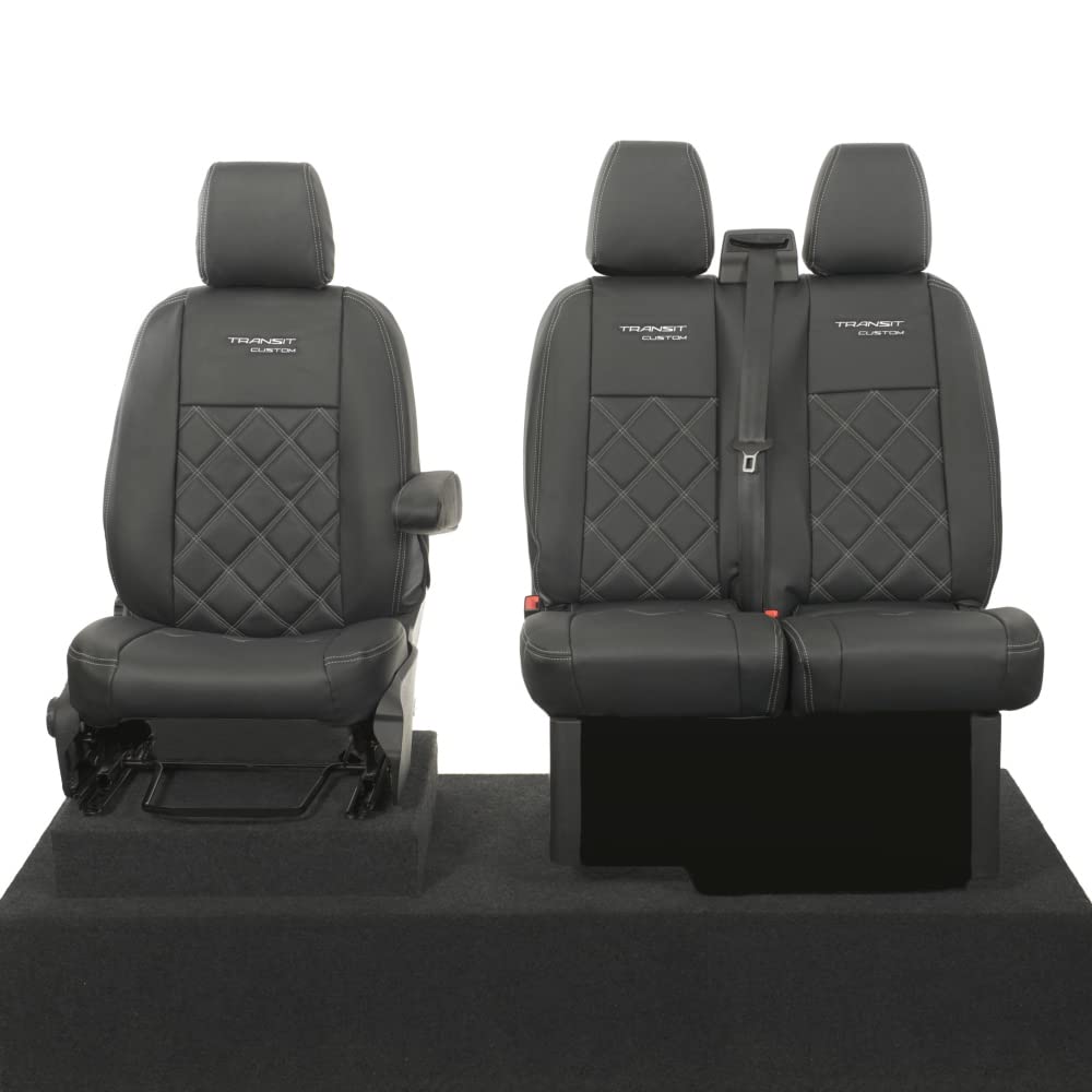 UK Custom Covers SC843B Double Diamond Bentley Stitch Leatherette Front Seat Covers (Single/Double NO pull down tray) with 'Transit Custom' Embroidery Black - To Fit Ford Transit Custom 2013 Onwards