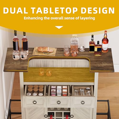 DWVO Home Bar Table Unit Cabinet with LED Lights & Drawer, 12-Glass Holder & Adjustable Wine Storage, Farmhouse Mini Bar Unit with Footrest for Living & Dining Room, Off White+Walnut Grain