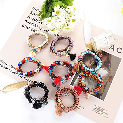 YADOCA 8 Pcs Bohemian Wood Beaded Bracelets Set for Women Boho Multilayer Tassel Strand Elephant Charm Bracelets Stretch - Image 6